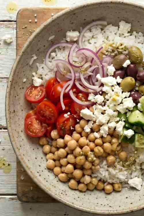 One Bowl Mediterranean Rice Bowl Recipe with Fresh Vegetables and Feta
