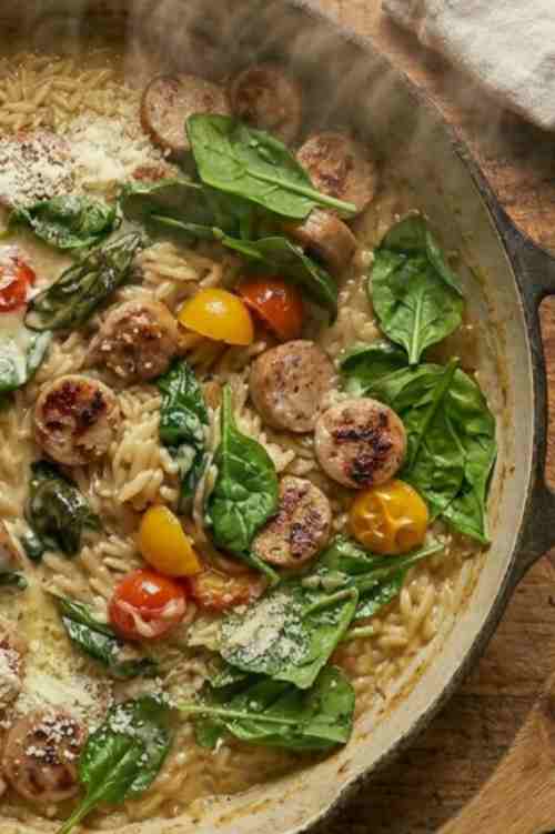 Easy Chicken Sausage Orzo Skillet (Creamy One-Pan 30 Minute Dinner)